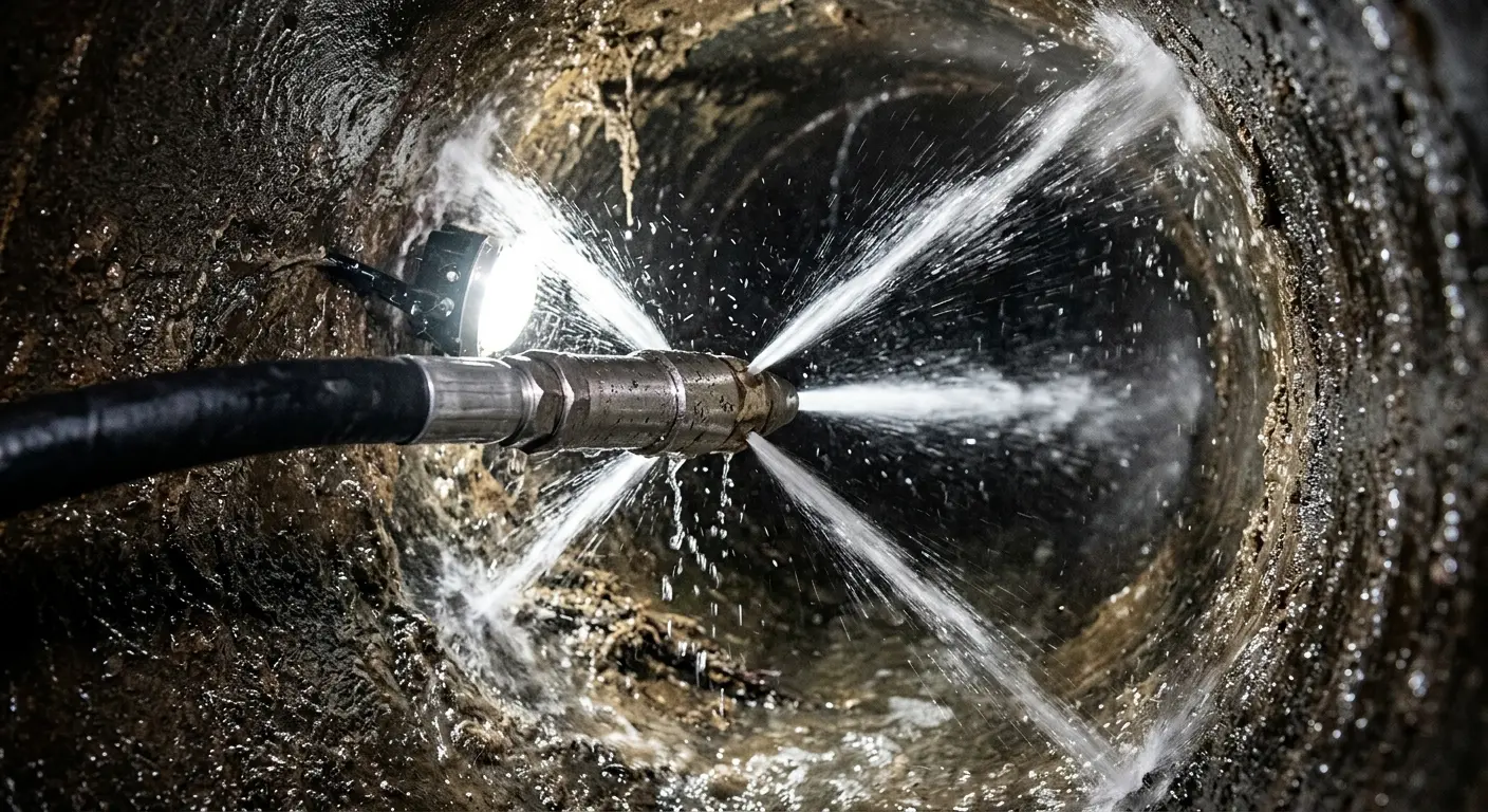 High-pressure hydro jetting nozzle cleaning sewer pipe for Trenchless Sewer Repair in Bay City
