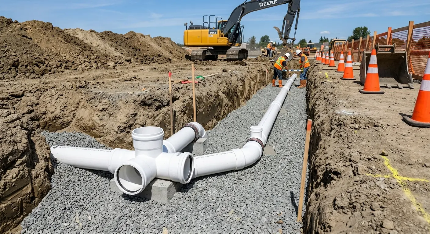 New PVC sewer pipe installation in open trench for Commercial Drain Cleaning in Bay City